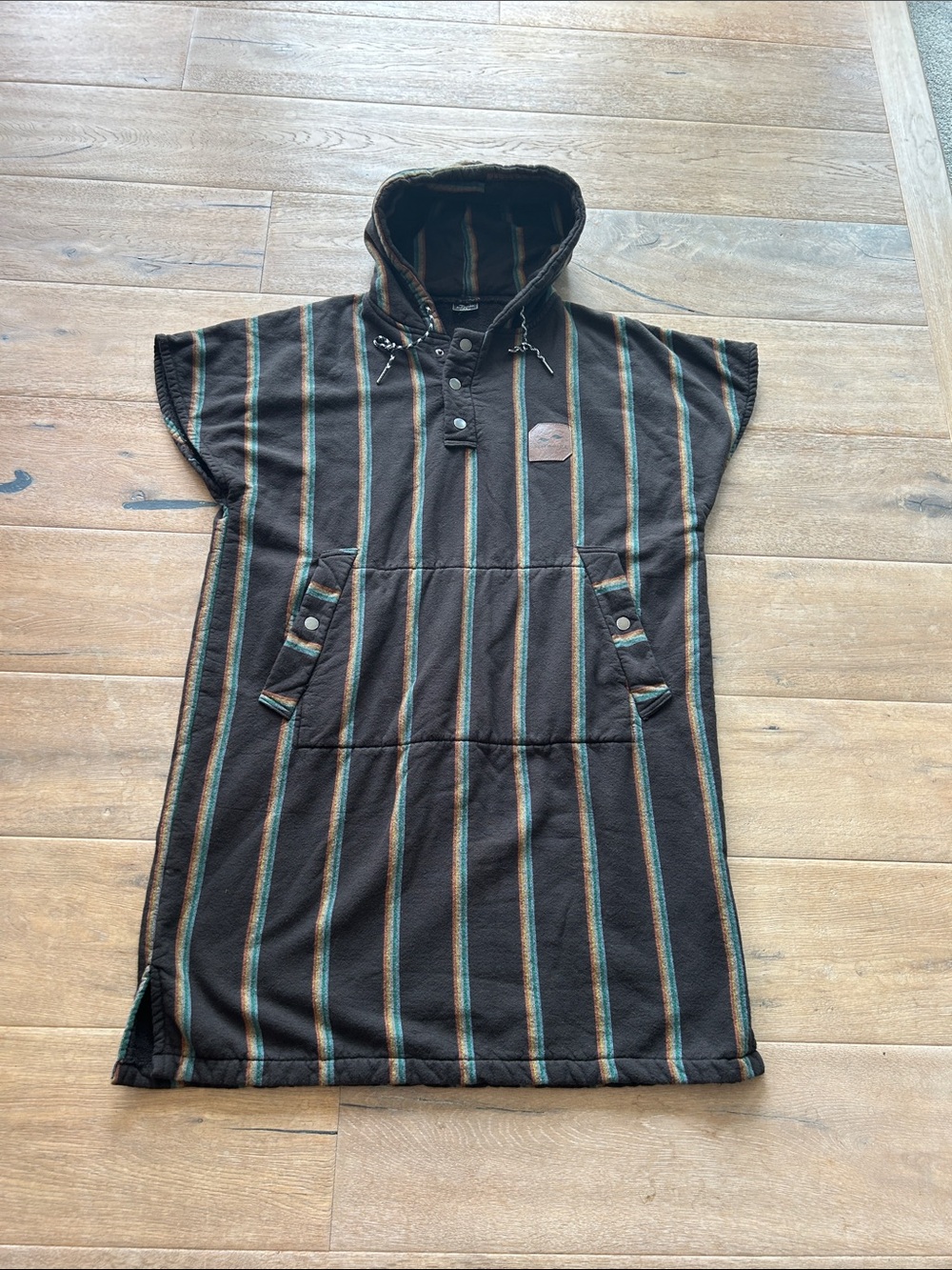 Slowtide Striped Hooded Poncho - Black with Teal & Tan Accents